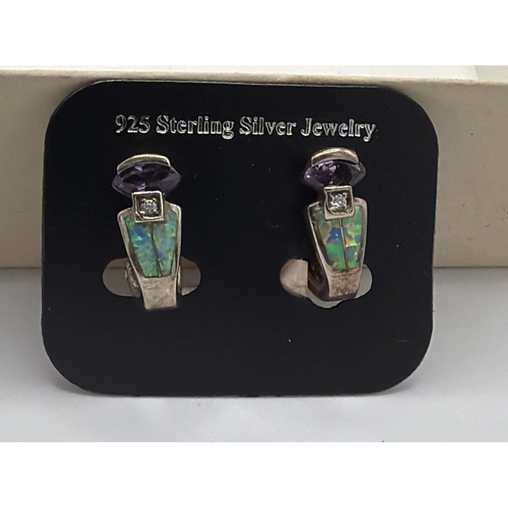 925 Sterling Silver Opal Inlay Hoop Earrings Purple Stone CZ Accent